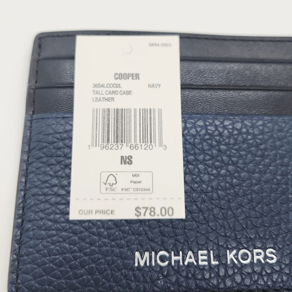 Michael Kors Cooper Pebbled Leather Tall Card Case Navy Blue & Black NWT